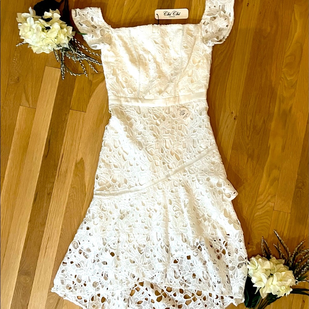 White Lace Peplum Hem Midi Dress